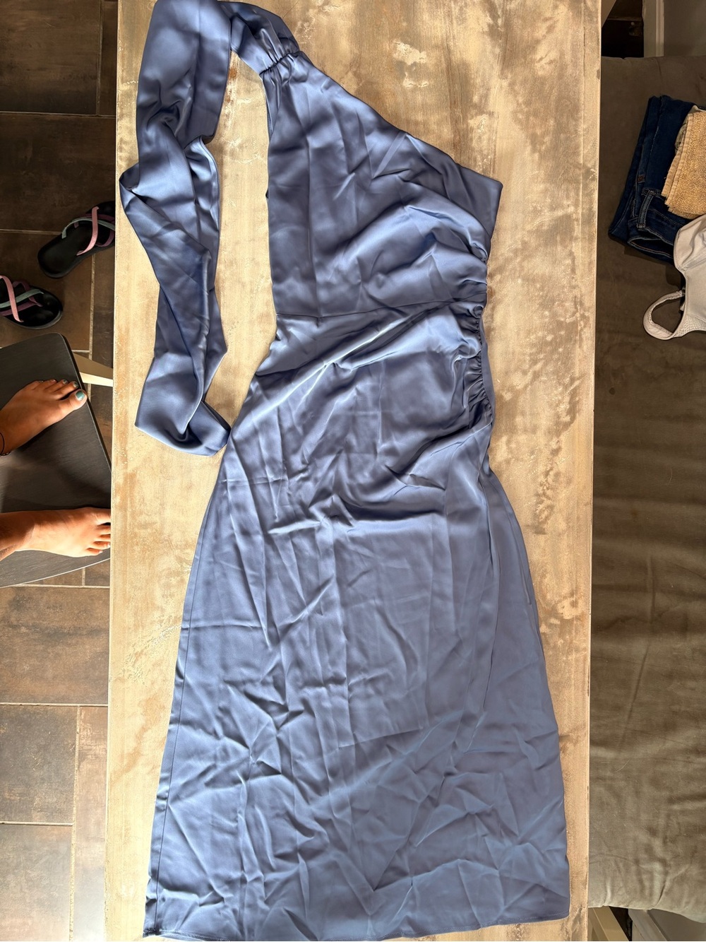 RIHOAS blue one shoulder A-Line satin maxi evening dress xs